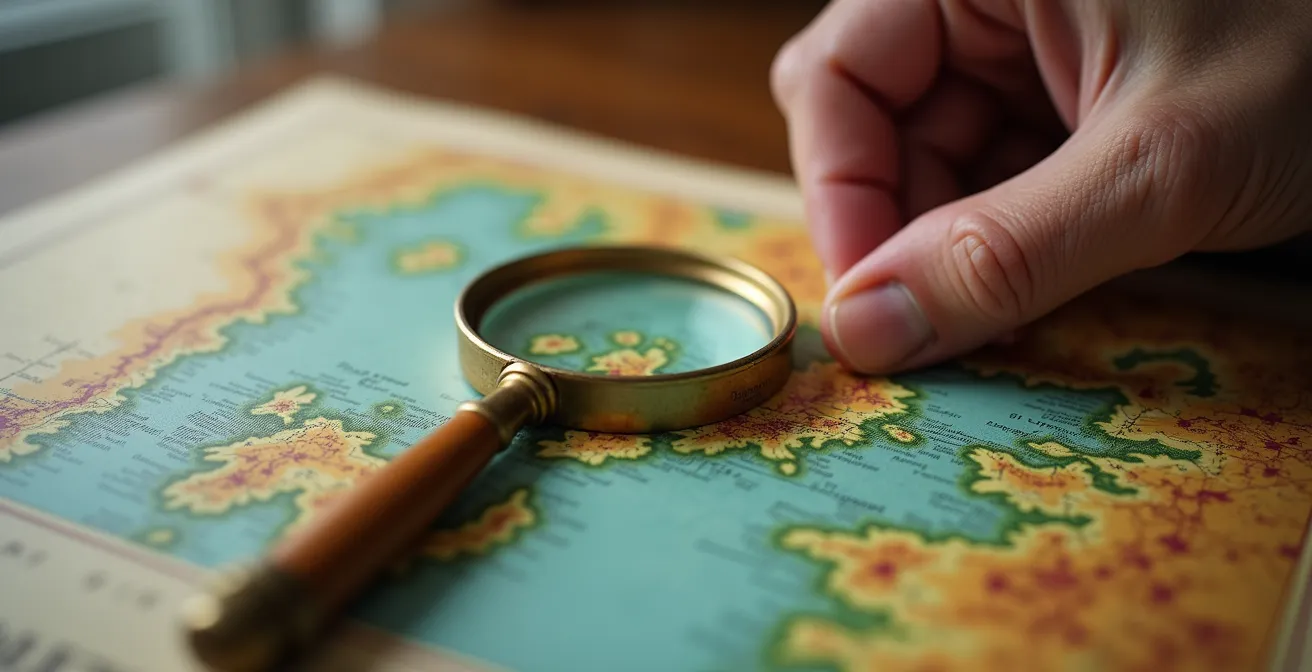 Main tenant une loupe sur une carte détaillée de Rosas avec zones colorées