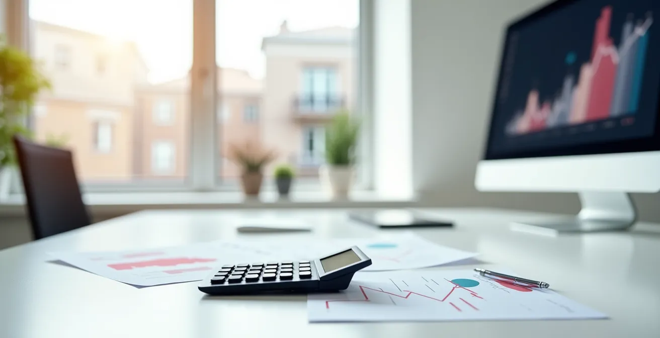 Calculatrice moderne avec graphiques de rendement sur écran d'ordinateur flou en arrière-plan