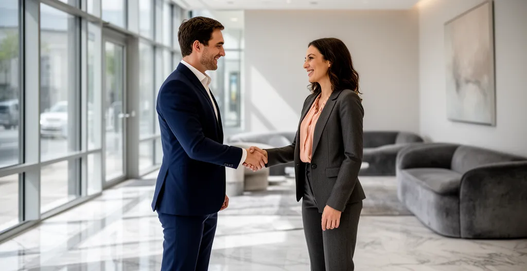Poignée de main entre deux personnes dans un hall d'agence immobilière moderne