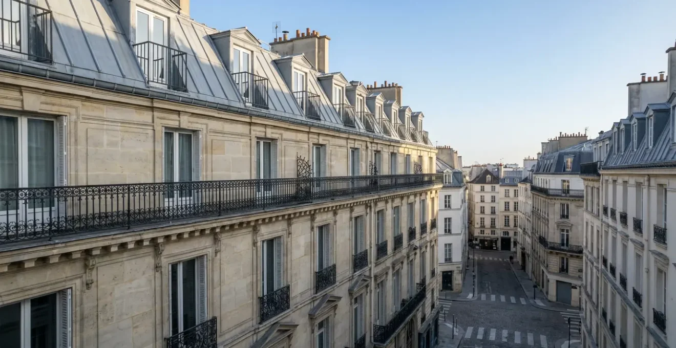 Façade d'immeuble haussmannien typique du Paris historique avec balcons en fer forgé