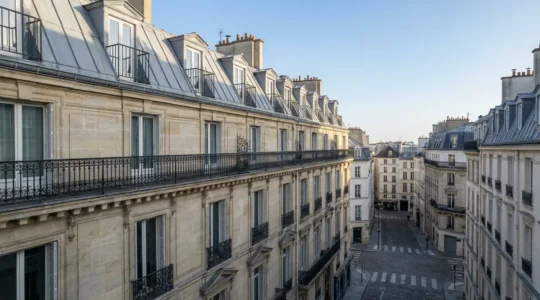 Façade d'immeuble haussmannien typique du Paris historique avec balcons en fer forgé