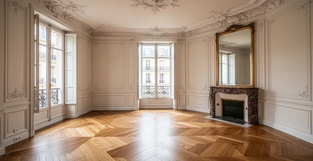 Intérieur lumineux d'appartement haussmannien avec moulures et parquet chevrons valorisant l'estimation immobilière