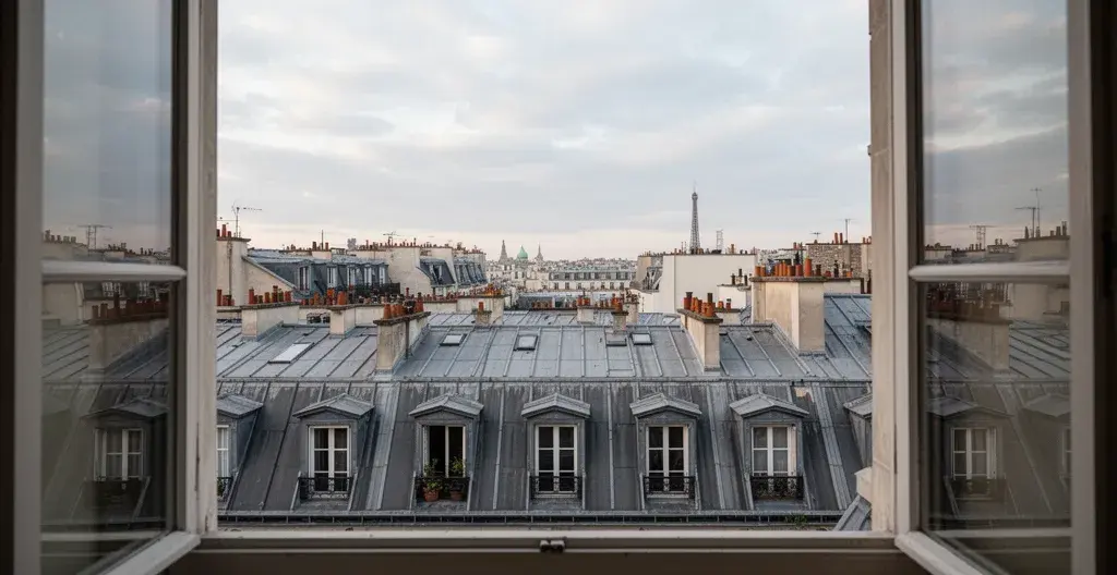Vue sur les toits de zinc parisiens depuis une fenêtre d'appartement du Paris historique