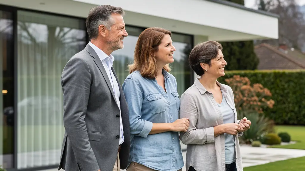 Agent immobilier discutant avec un couple devant une villa suisse moderne
