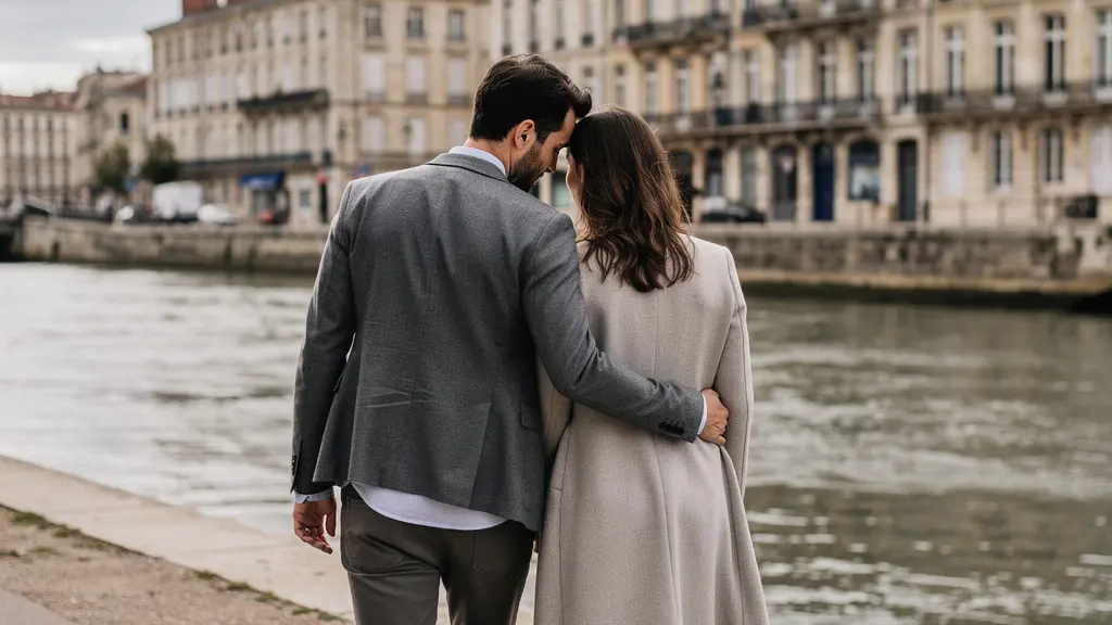 Couple bordelais marchant le long des quais de la Garonne pour leur projet immobilier