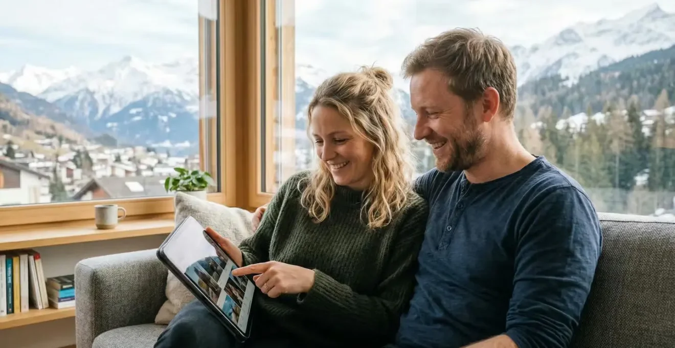Couple consultant une tablette pour rechercher un bien immobilier performant en Suisse romande