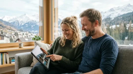 Couple consultant une tablette pour rechercher un bien immobilier performant en Suisse romande