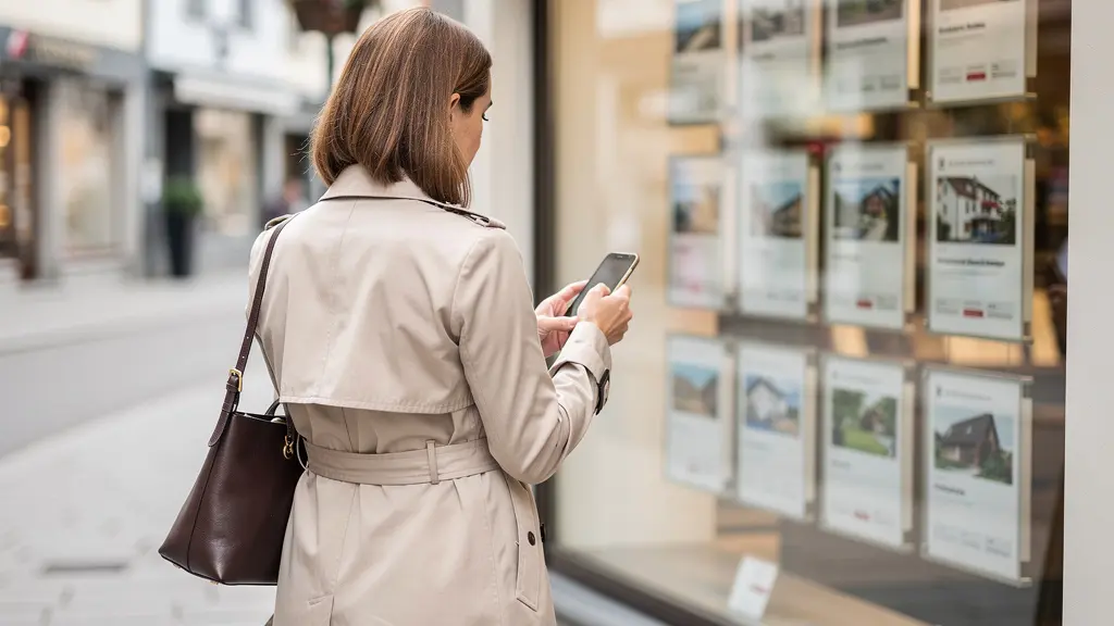 Femme consultant son smartphone devant une vitrine d'agence immobilière suisse