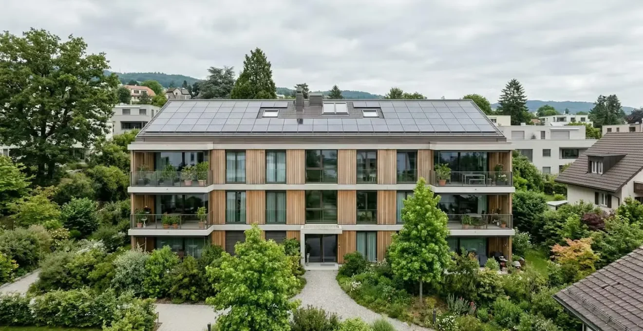 Façade d'immeuble résidentiel suisse moderne avec panneaux solaires, caractéristique Minergie