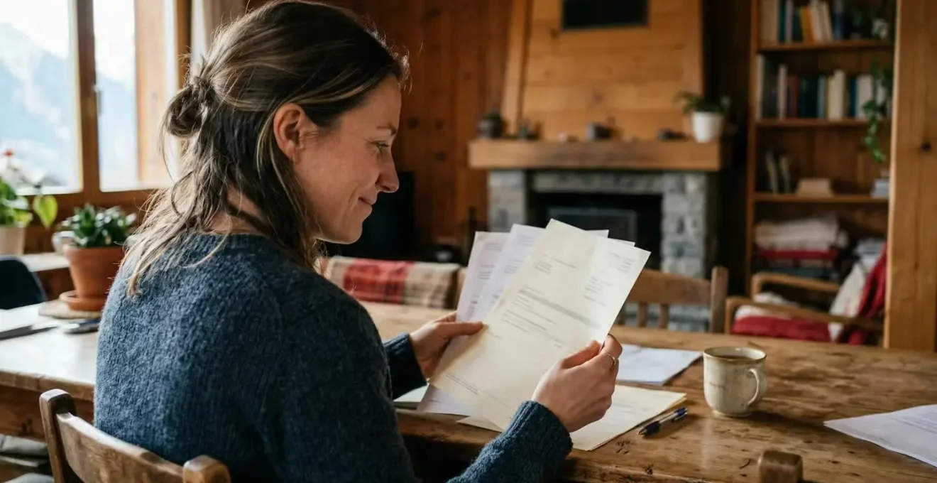 Personne analysant ses factures de charges avec satisfaction dans un intérieur suisse