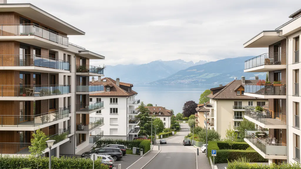 Vue panoramique quartier résidentiel suisse avec immeubles modernes et lac Léman
