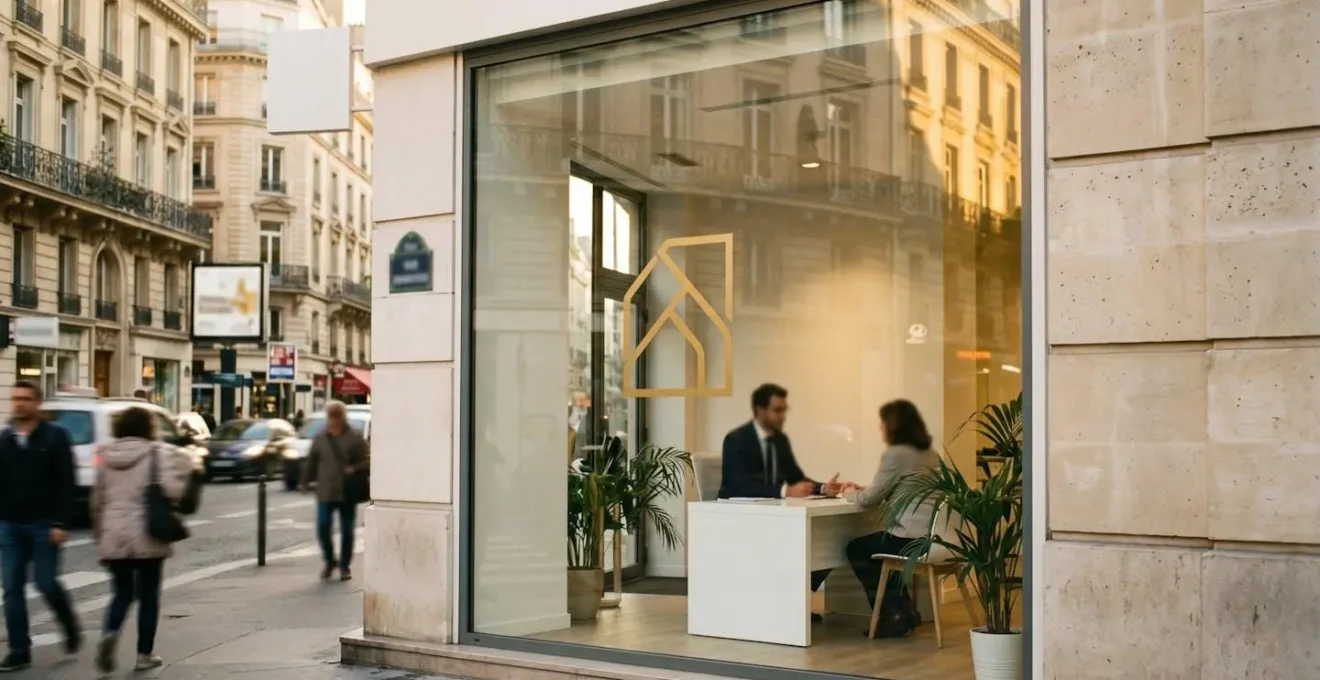 Façade d'une agence immobilière moderne avec vitrine lumineuse, conseiller en discussion avec un client visible à travers la vitre, rue urbaine en arrière-plan.