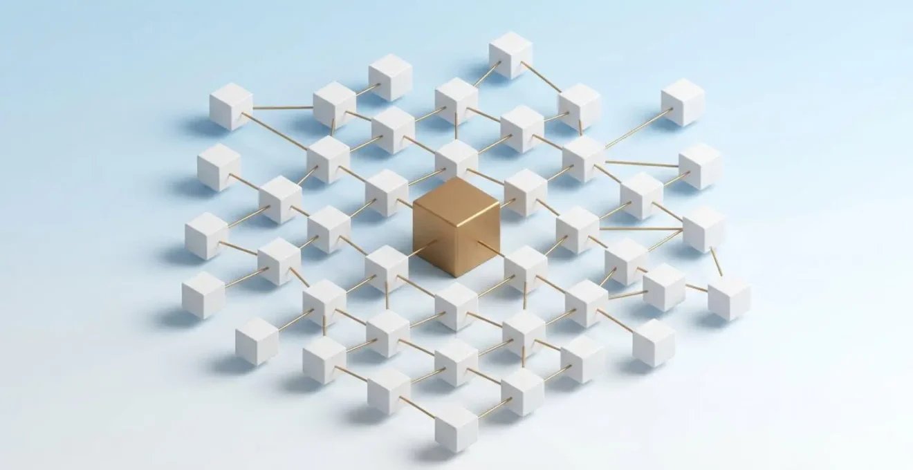 Illustration 3D isométrique abstraite montrant un réseau de cubes blancs interconnectés par des lignes dorées, avec un cube central plus grand représentant un hub.