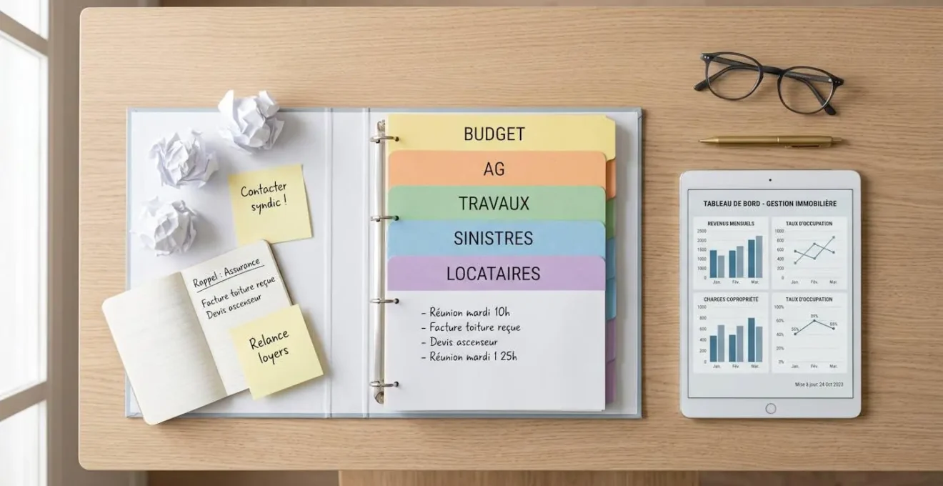 Vue de dessus d'une table en bois clair avec un classeur de syndic ouvert aux intercalaires colorés, des post-its à gauche et une tablette digitale à droite, symbolisant la transition vers une gestion moderne.