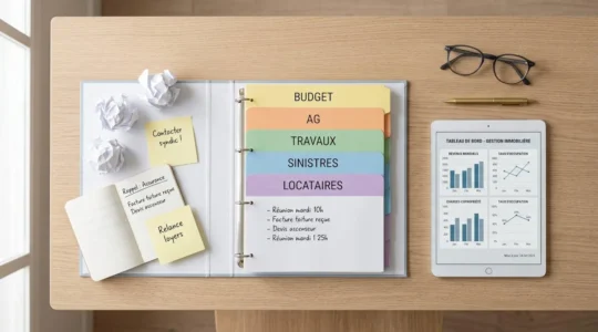 Vue de dessus d'une table en bois clair avec un classeur de syndic ouvert aux intercalaires colorés, des post-its à gauche et une tablette digitale à droite, symbolisant la transition vers une gestion moderne.