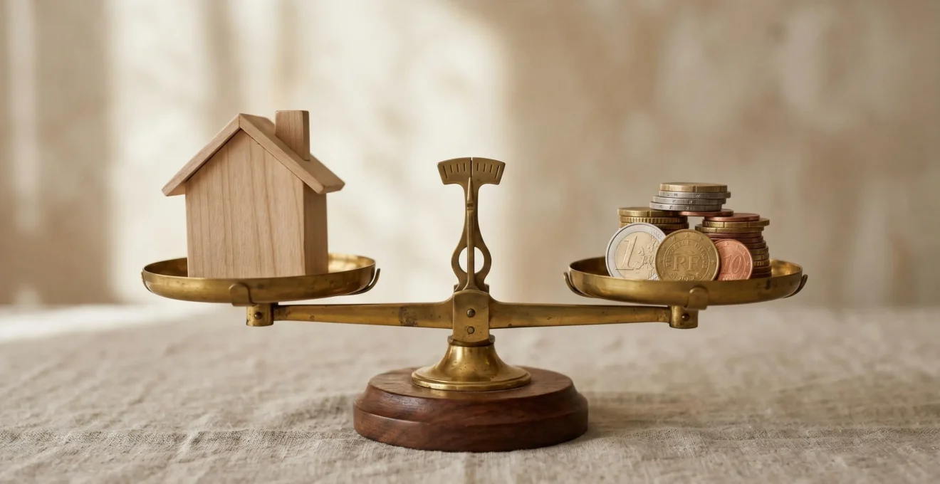 Balance de précision en laiton avec maison miniature en bois d'un côté et pièces de monnaie de l'autre, parfaitement équilibrée