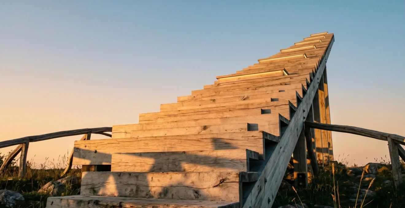 Escalier monumental en bois clair s'élevant vers un ciel lumineux avec des paliers réguliers, photographié en contre-plongée