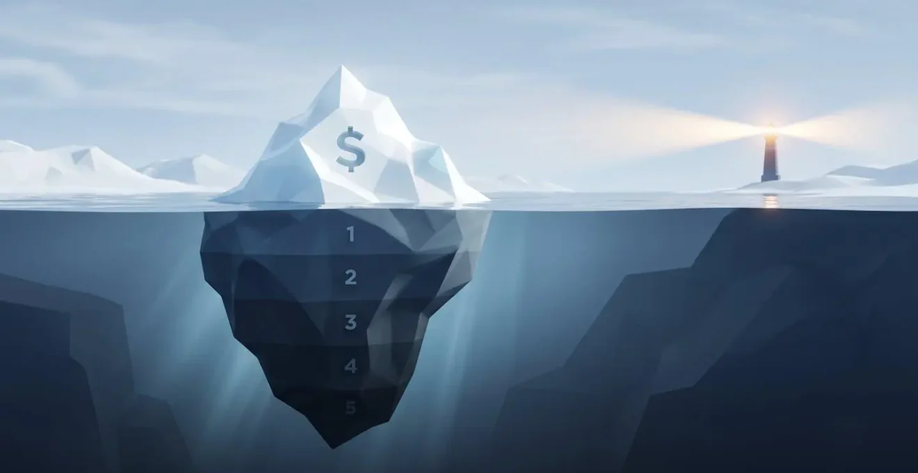 Iceberg partiellement émergé représentant les coûts visibles et cachés d'un achat immobilier en Virginie.