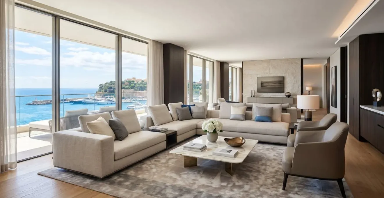 Salon spacieux d'un appartement 4 pièces à Monaco avec vue mer et mobilier contemporain haut de gamme
