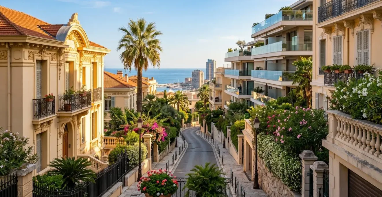 Façades haussmanniennes et immeubles modernes dans un quartier résidentiel de Monaco avec végétation méditerranéenne
