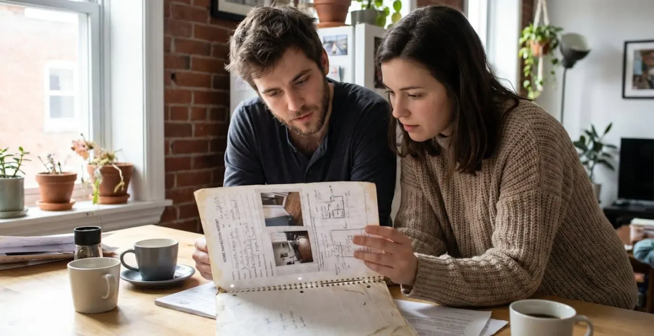 Acheteur immobilier consultant un rapport d'inspection illustré à Montréal