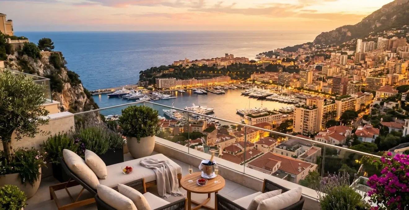 Vue panoramique sur Monaco depuis la terrasse d'un appartement de prestige avec vue mer