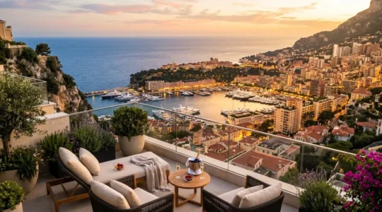 Vue panoramique sur Monaco depuis la terrasse d'un appartement de prestige avec vue mer