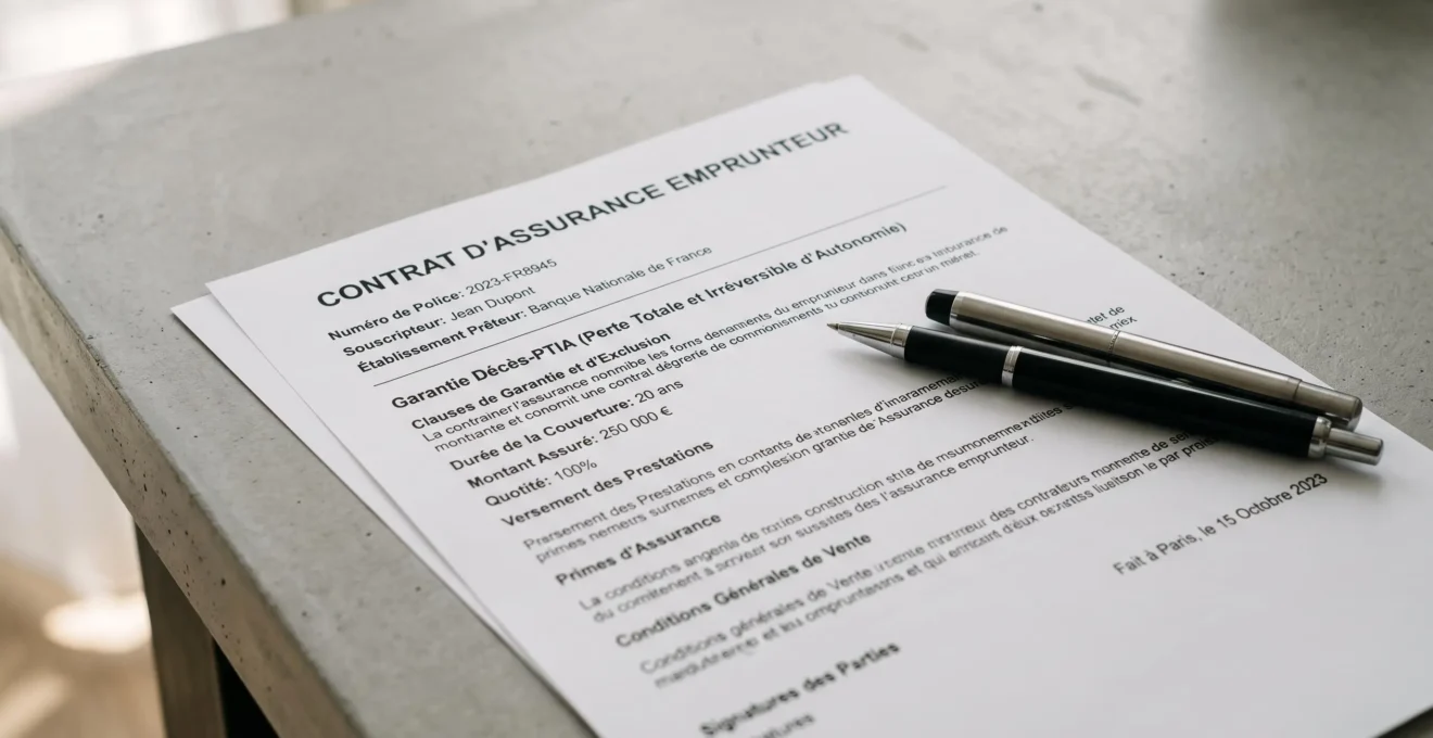 Contrat d'assurance emprunteur en français posé sur un bureau professionnel avec stylo, prêt à être signé