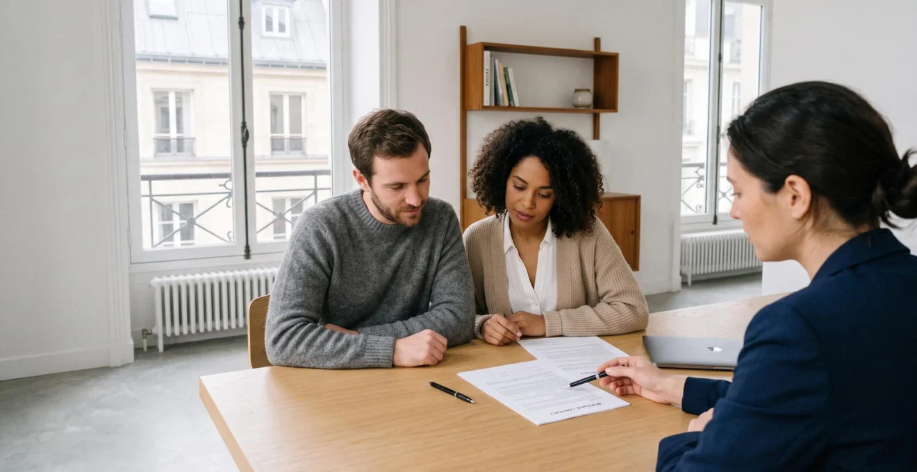 Couple consultant les termes d'un contrat de prêt immobilier à taux fixe avec un conseiller bancaire dans un bureau contemporain parisien