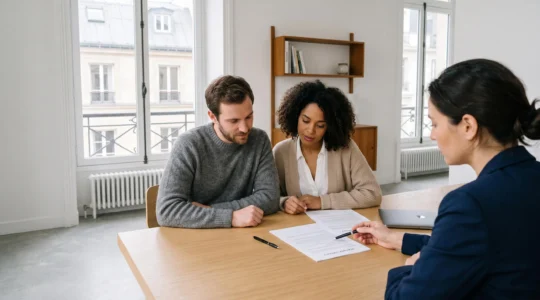Couple consultant les termes d'un contrat de prêt immobilier à taux fixe avec un conseiller bancaire dans un bureau contemporain parisien
