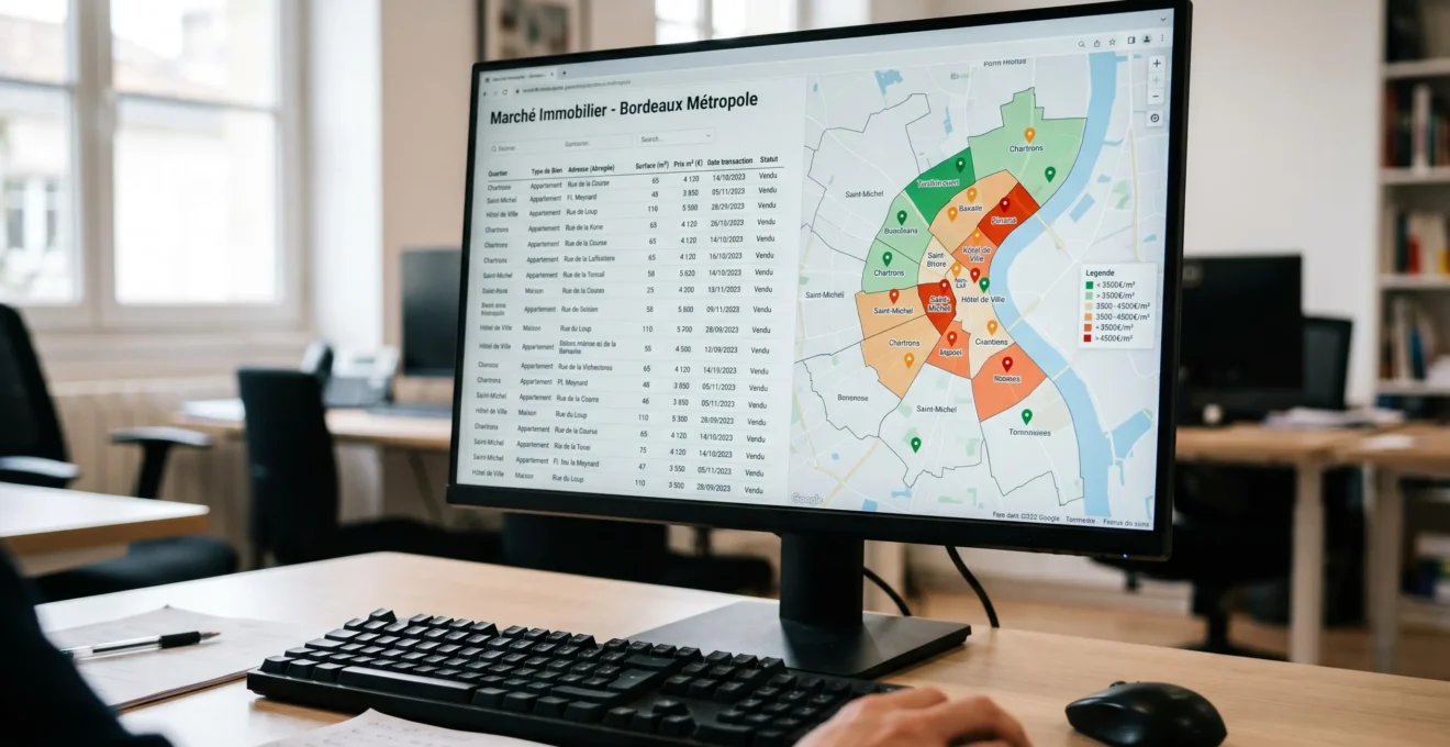 Écran d'ordinateur affichant des tableaux de données de transactions immobilières en français et une carte géographique avec prix au m² par quartier d'une ville française