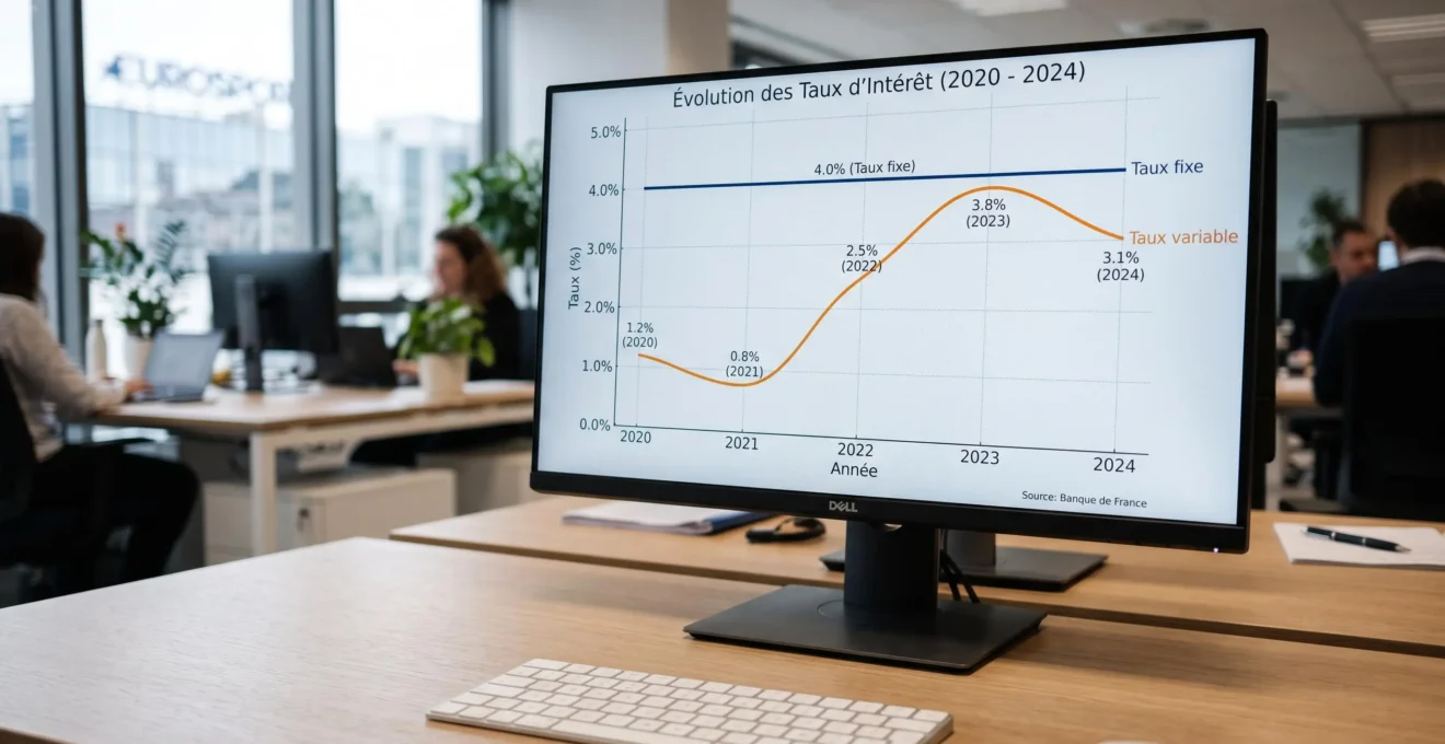 Écran d'ordinateur affichant un graphique de taux d'intérêt avec une courbe stable représentant le taux fixe et une courbe volatile pour le taux variable