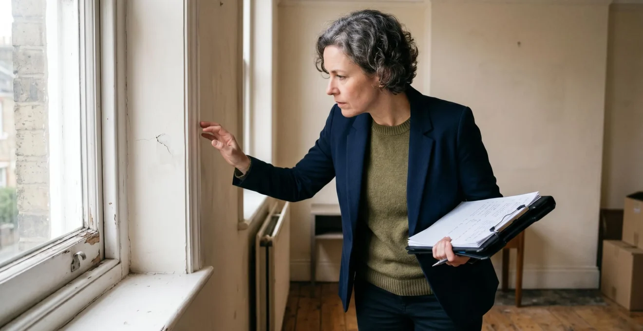 Expert immobilier examinant attentivement un détail architectural d'un bien résidentiel lors d'une visite d'estimation terrain avec bloc-notes
