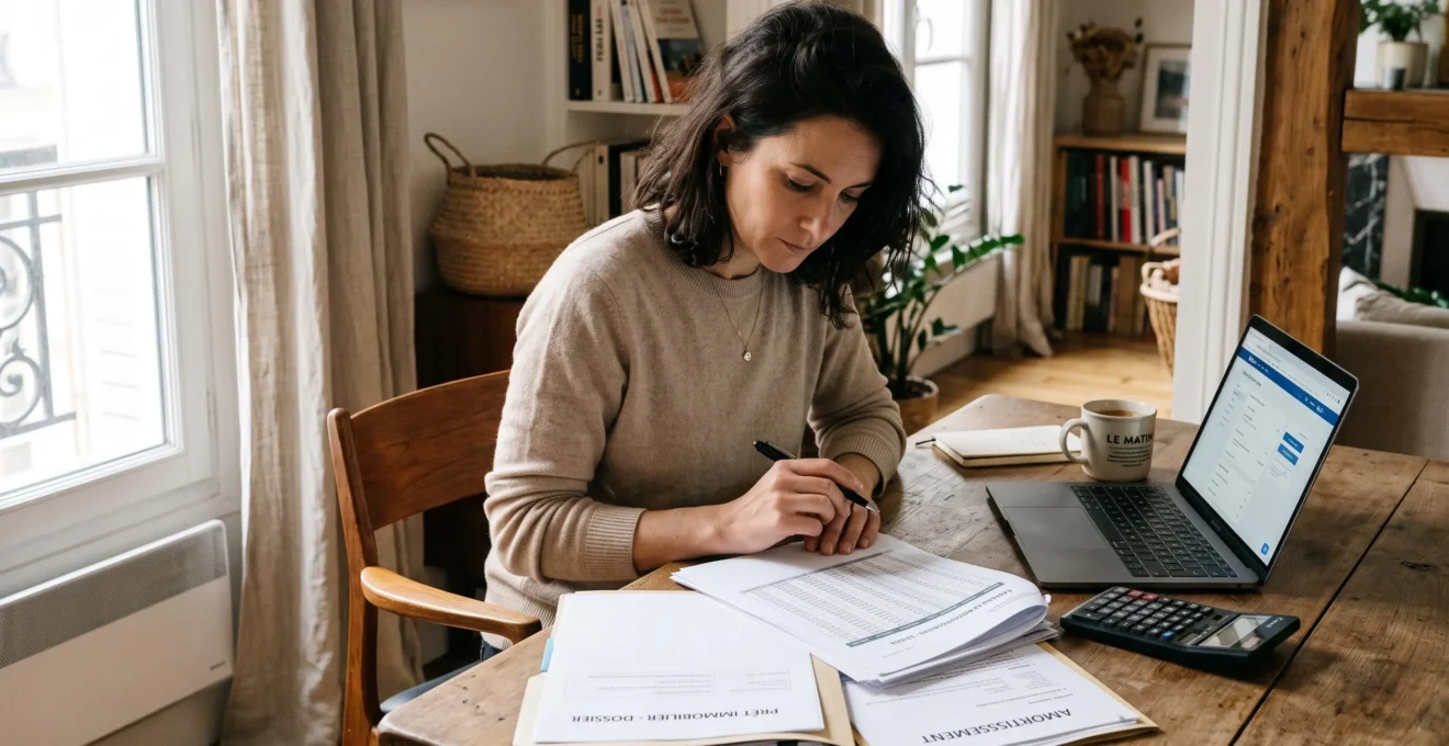 Femme organisant son budget familial avec documents de prêt immobilier et calculatrice sur une table à domicile dans un intérieur français contemporain