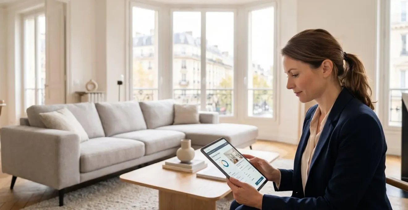 Professionnel de l'immobilier consultant une tablette numérique dans le séjour lumineux d'un bien résidentiel moderne avec mobilier contemporain et grande baie vitrée