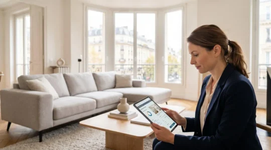 Professionnel de l'immobilier consultant une tablette numérique dans le séjour lumineux d'un bien résidentiel moderne avec mobilier contemporain et grande baie vitrée